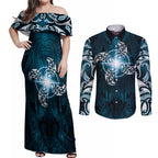 New Zealand Matariki Waita Couples Matching Off Shoulder Maxi Dress and Long Sleeve Button Shirt Maori Moko Dark Blue Galaxy