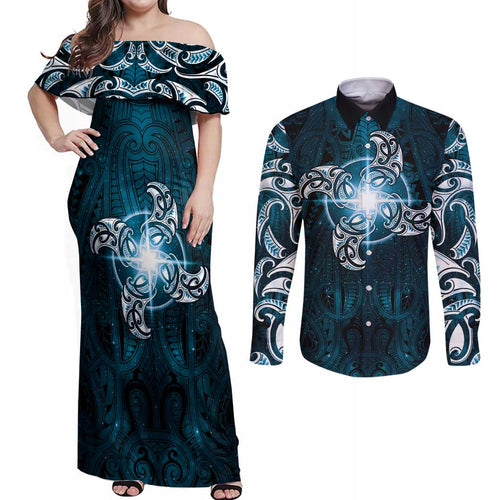 New Zealand Matariki Waita Couples Matching Off Shoulder Maxi Dress and Long Sleeve Button Shirt Maori Moko Dark Blue Galaxy