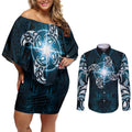 New Zealand Matariki Waita Couples Matching Off Shoulder Short Dress and Long Sleeve Button Shirt Maori Moko Dark Blue Galaxy
