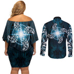 New Zealand Matariki Waita Couples Matching Off Shoulder Short Dress and Long Sleeve Button Shirt Maori Moko Dark Blue Galaxy
