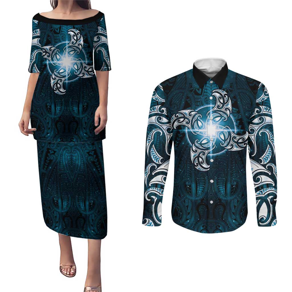 New Zealand Matariki Waita Couples Matching Puletasi and Long Sleeve Button Shirt Maori Moko Dark Blue Galaxy