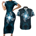 New Zealand Matariki Waita Couples Matching Short Sleeve Bodycon Dress and Hawaiian Shirt Maori Moko Dark Blue Galaxy