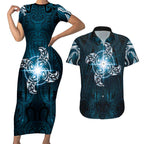 New Zealand Matariki Waita Couples Matching Short Sleeve Bodycon Dress and Hawaiian Shirt Maori Moko Dark Blue Galaxy