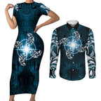 New Zealand Matariki Waita Couples Matching Short Sleeve Bodycon Dress and Long Sleeve Button Shirt Maori Moko Dark Blue Galaxy