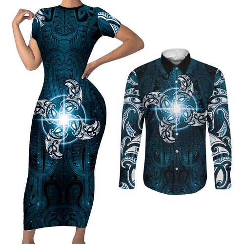 New Zealand Matariki Waita Couples Matching Short Sleeve Bodycon Dress and Long Sleeve Button Shirt Maori Moko Dark Blue Galaxy