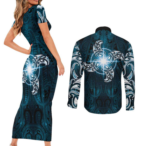 New Zealand Matariki Waita Couples Matching Short Sleeve Bodycon Dress and Long Sleeve Button Shirt Maori Moko Dark Blue Galaxy