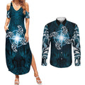 New Zealand Matariki Waita Couples Matching Summer Maxi Dress and Long Sleeve Button Shirt Maori Moko Dark Blue Galaxy