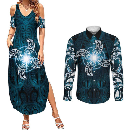 New Zealand Matariki Waita Couples Matching Summer Maxi Dress and Long Sleeve Button Shirt Maori Moko Dark Blue Galaxy
