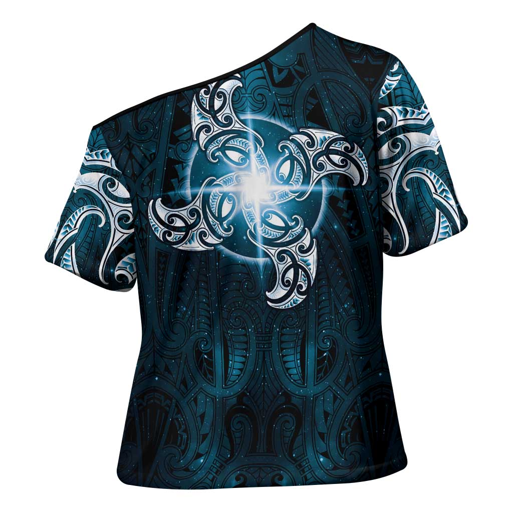 New Zealand Matariki Waita Cross Shoulder Shirt Maori Moko Dark Blue Galaxy