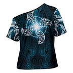 New Zealand Matariki Waita Cross Shoulder Shirt Maori Moko Dark Blue Galaxy