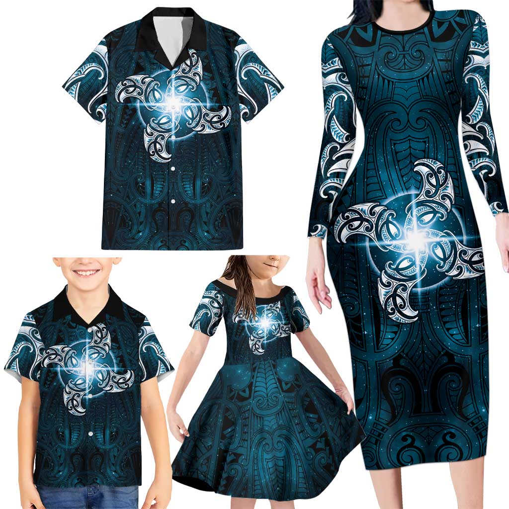 New Zealand Matariki Waita Family Matching Long Sleeve Bodycon Dress and Hawaiian Shirt Maori Moko Dark Blue Galaxy