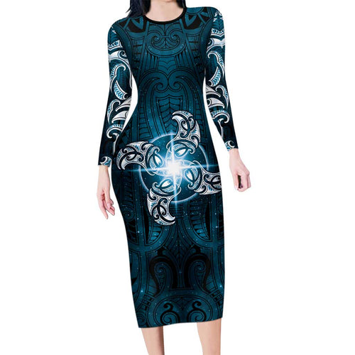 New Zealand Matariki Waita Family Matching Long Sleeve Bodycon Dress and Hawaiian Shirt Maori Moko Dark Blue Galaxy