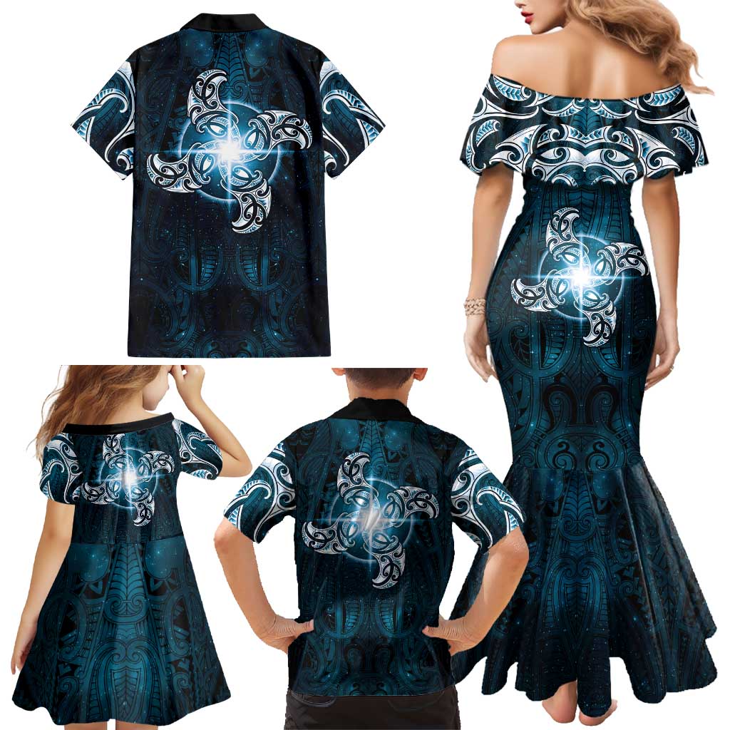New Zealand Matariki Waita Family Matching Mermaid Dress and Hawaiian Shirt Maori Moko Dark Blue Galaxy