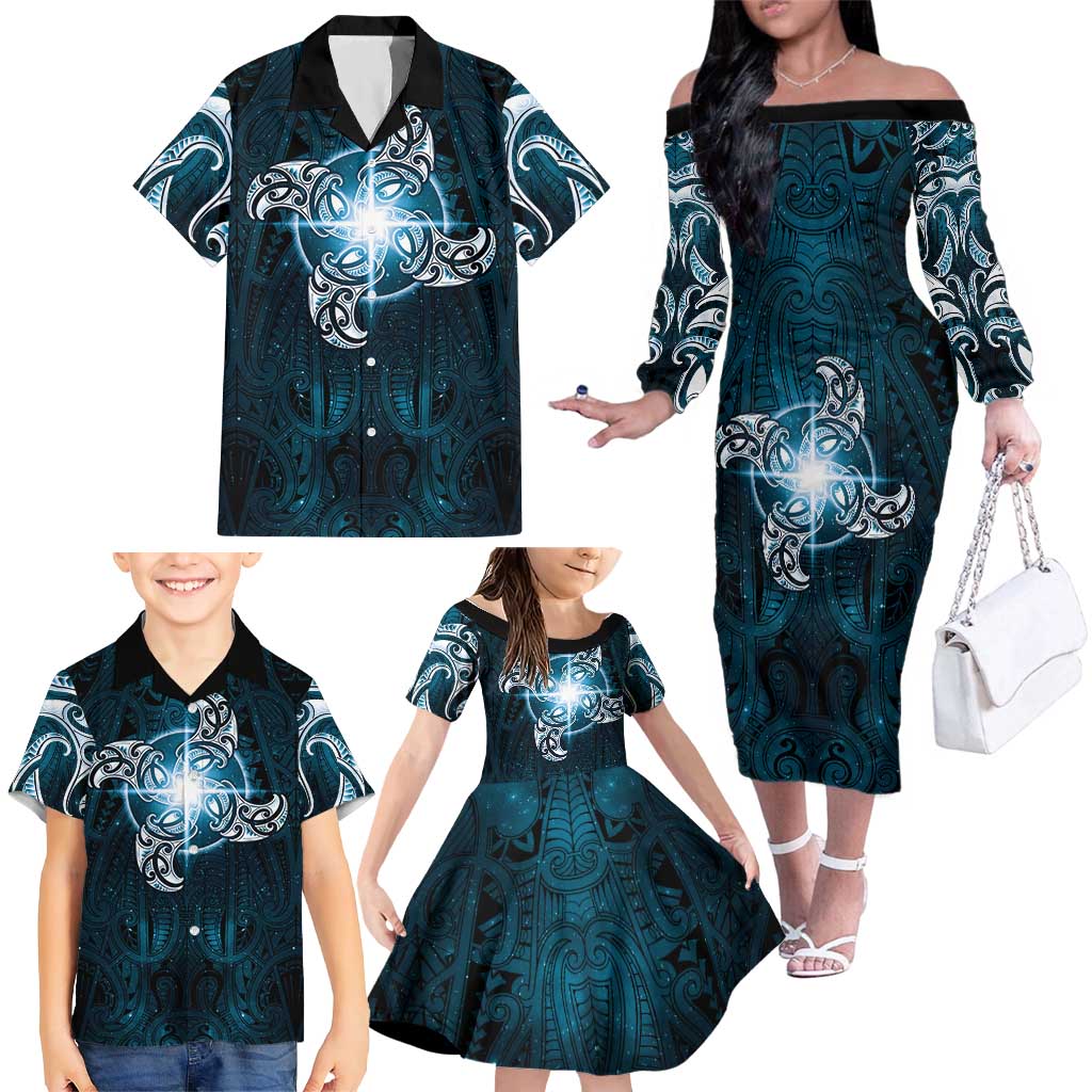 New Zealand Matariki Waita Family Matching Off The Shoulder Long Sleeve Dress and Hawaiian Shirt Maori Moko Dark Blue Galaxy