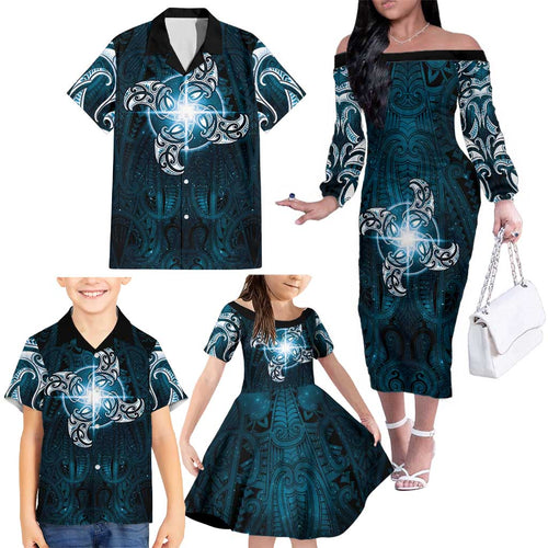 New Zealand Matariki Waita Family Matching Off The Shoulder Long Sleeve Dress and Hawaiian Shirt Maori Moko Dark Blue Galaxy