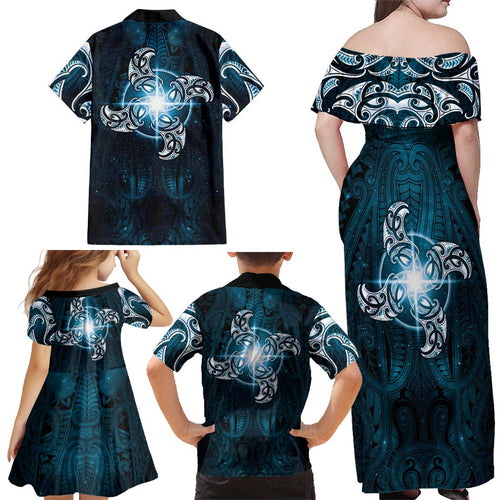 New Zealand Matariki Waita Family Matching Off Shoulder Maxi Dress and Hawaiian Shirt Maori Moko Dark Blue Galaxy