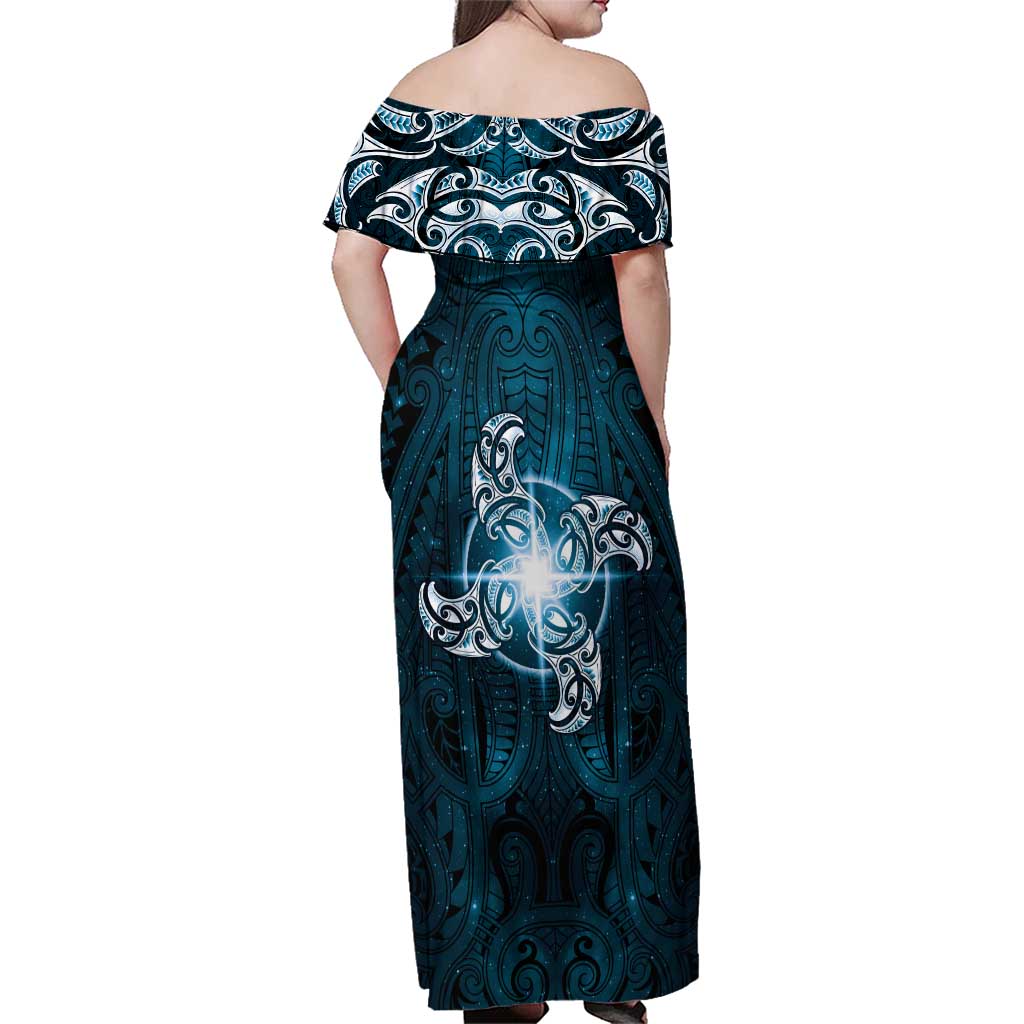 New Zealand Matariki Waita Family Matching Off Shoulder Maxi Dress and Hawaiian Shirt Maori Moko Dark Blue Galaxy