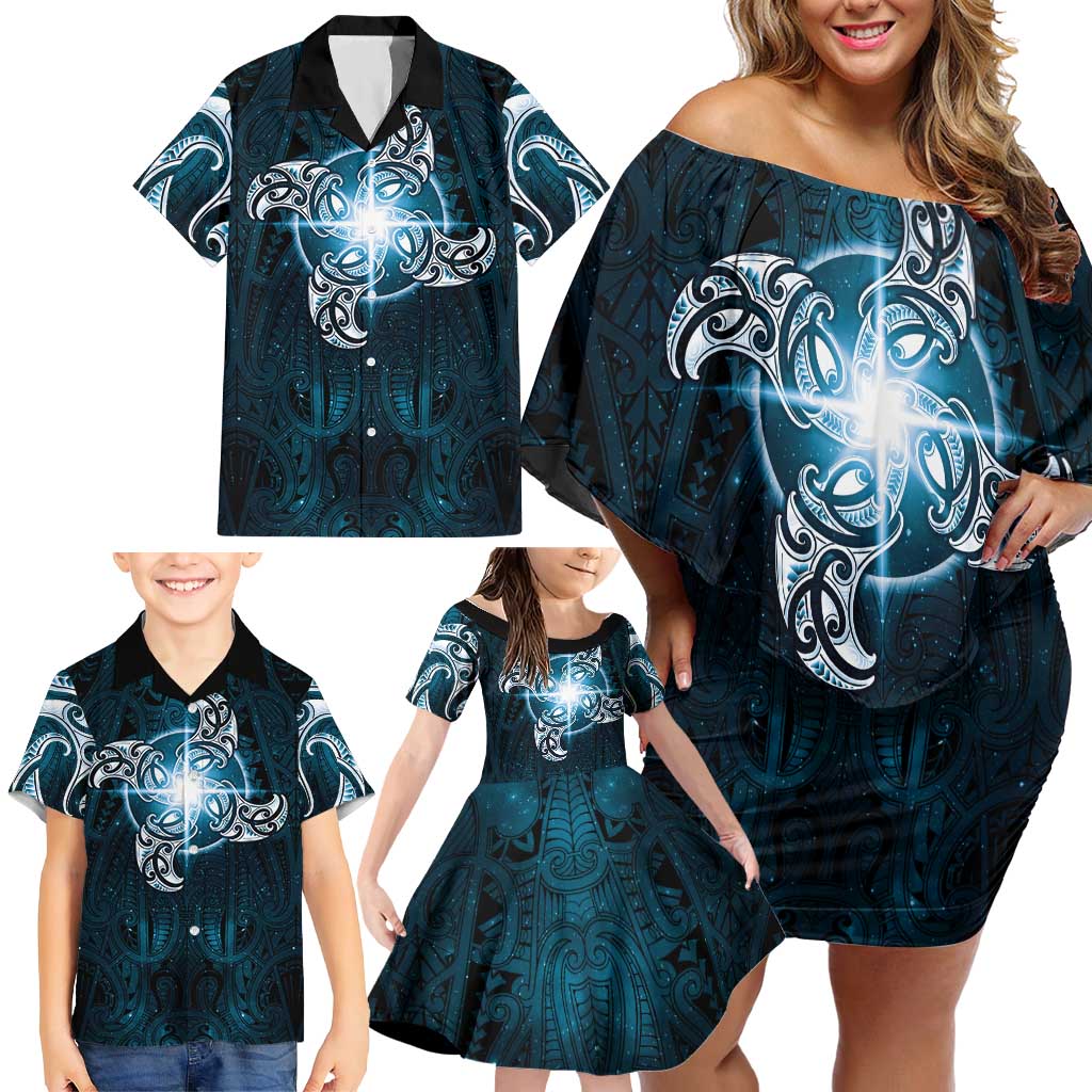 New Zealand Matariki Waita Family Matching Off Shoulder Short Dress and Hawaiian Shirt Maori Moko Dark Blue Galaxy