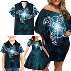 New Zealand Matariki Waita Family Matching Off Shoulder Short Dress and Hawaiian Shirt Maori Moko Dark Blue Galaxy