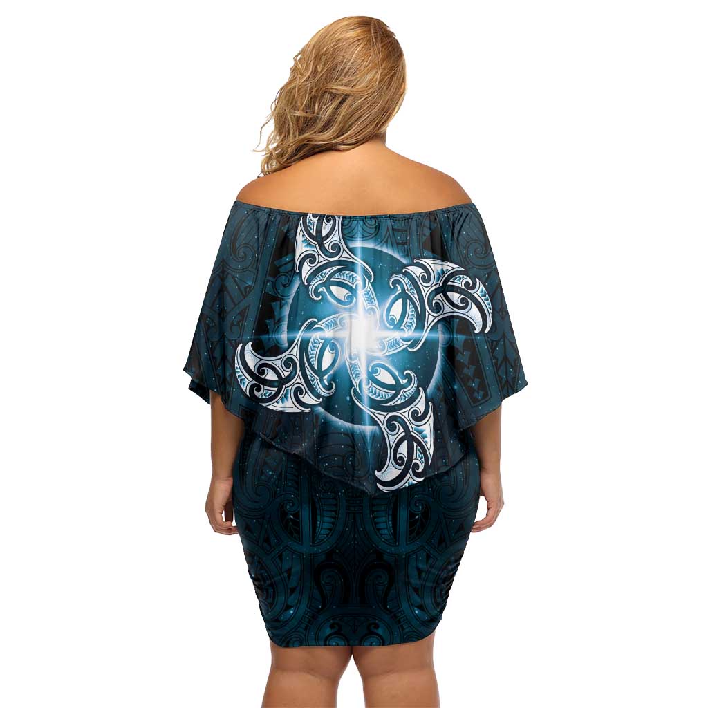 New Zealand Matariki Waita Family Matching Off Shoulder Short Dress and Hawaiian Shirt Maori Moko Dark Blue Galaxy