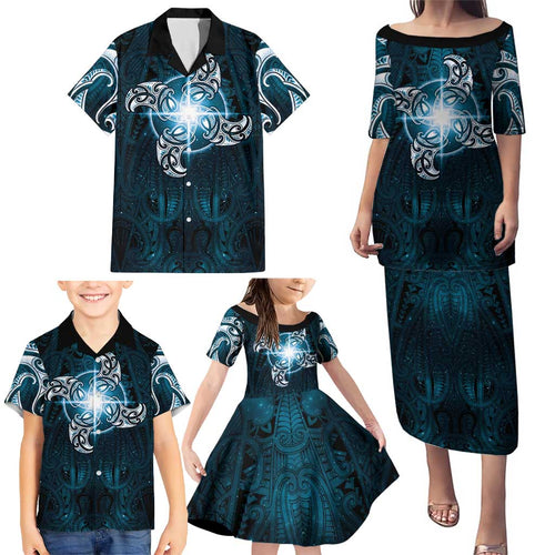 New Zealand Matariki Waita Family Matching Puletasi and Hawaiian Shirt Maori Moko Dark Blue Galaxy