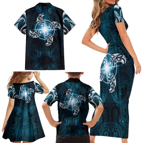 New Zealand Matariki Waita Family Matching Short Sleeve Bodycon Dress and Hawaiian Shirt Maori Moko Dark Blue Galaxy
