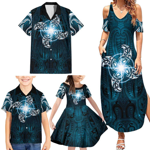 New Zealand Matariki Waita Family Matching Summer Maxi Dress and Hawaiian Shirt Maori Moko Dark Blue Galaxy