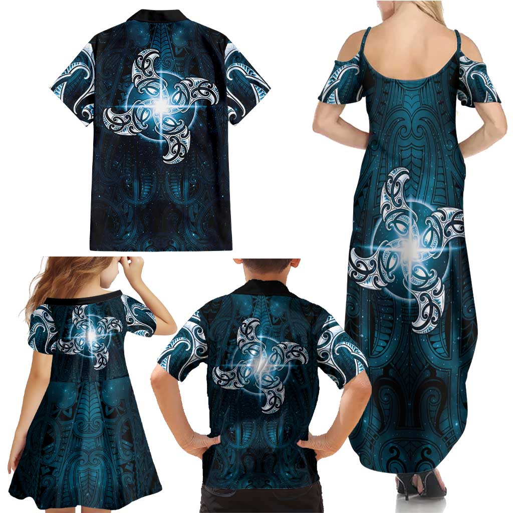 New Zealand Matariki Waita Family Matching Summer Maxi Dress and Hawaiian Shirt Maori Moko Dark Blue Galaxy