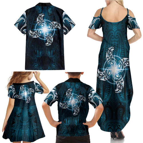 New Zealand Matariki Waita Family Matching Summer Maxi Dress and Hawaiian Shirt Maori Moko Dark Blue Galaxy