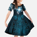 New Zealand Matariki Waita Kid Short Sleeve Dress Maori Moko Dark Blue Galaxy