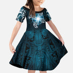 New Zealand Matariki Waita Kid Short Sleeve Dress Maori Moko Dark Blue Galaxy