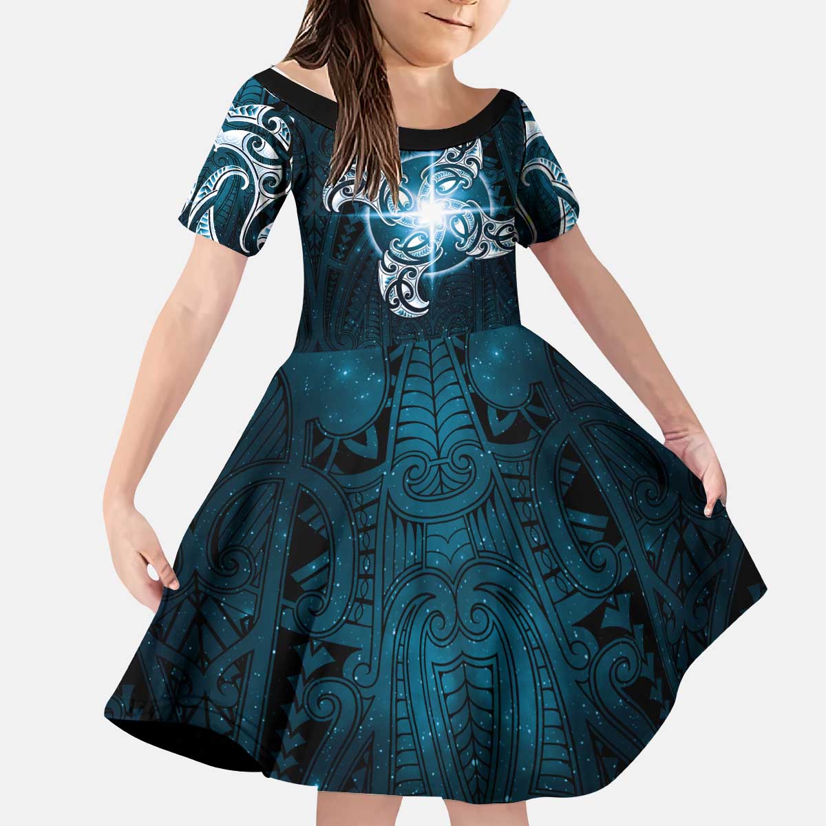 New Zealand Matariki Waita Kid Short Sleeve Dress Maori Moko Dark Blue Galaxy
