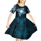 New Zealand Matariki Waita Kid Short Sleeve Dress Maori Moko Dark Blue Galaxy