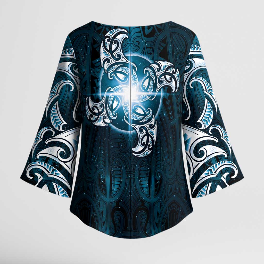 New Zealand Matariki Waita Kimono Sleeve Blouse Maori Moko Dark Blue Galaxy