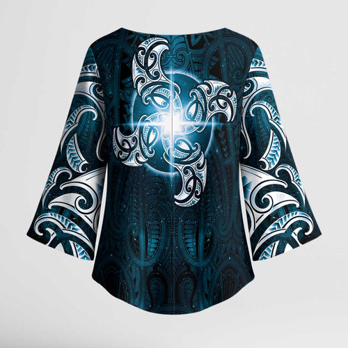 New Zealand Matariki Waita Kimono Sleeve Blouse Maori Moko Dark Blue Galaxy