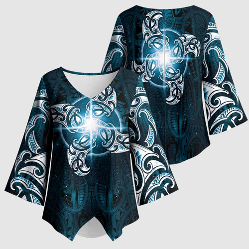 New Zealand Matariki Waita Kimono Sleeve Blouse Maori Moko Dark Blue Galaxy