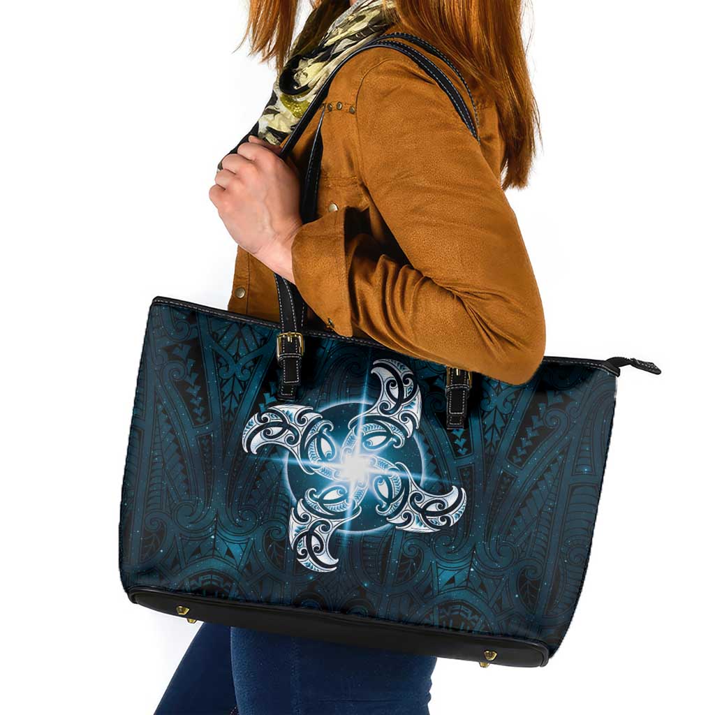 New Zealand Matariki Waita Leather Tote Bag Maori Moko Dark Blue Galaxy