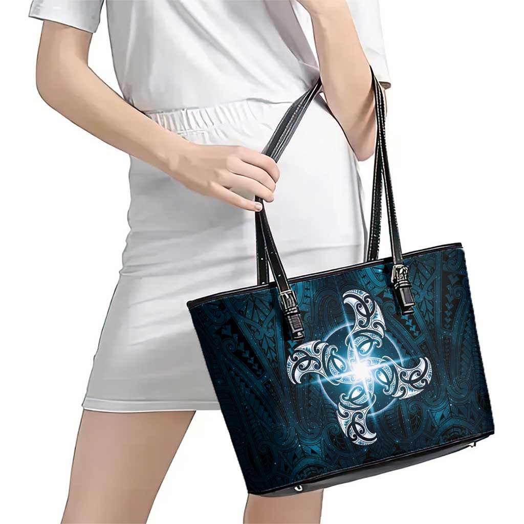 New Zealand Matariki Waita Leather Tote Bag Maori Moko Dark Blue Galaxy