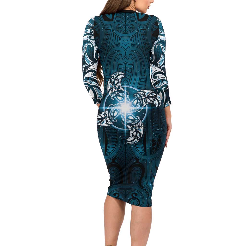 New Zealand Matariki Waita Long Sleeve Bodycon Dress Maori Moko Dark Blue Galaxy
