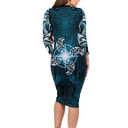 New Zealand Matariki Waita Long Sleeve Bodycon Dress Maori Moko Dark Blue Galaxy
