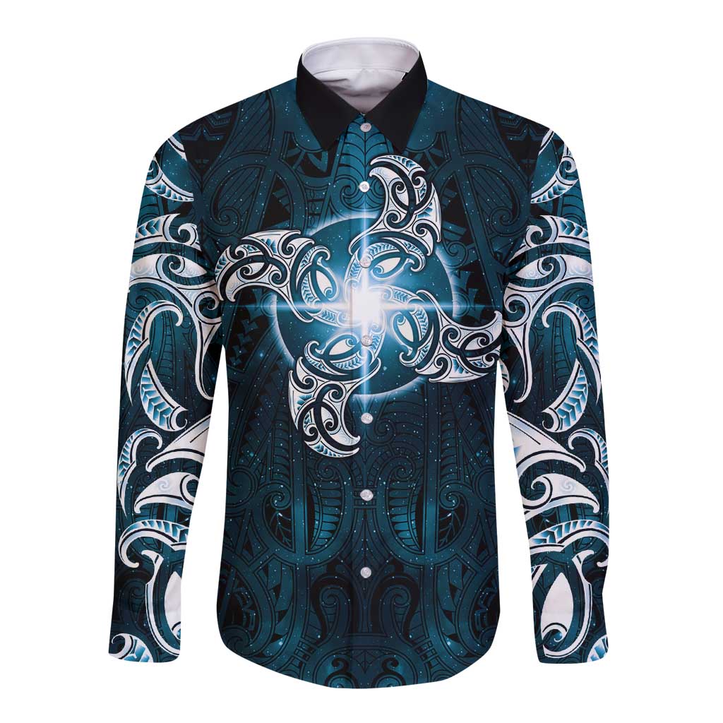 New Zealand Matariki Waita Long Sleeve Button Shirt Maori Moko Dark Blue Galaxy