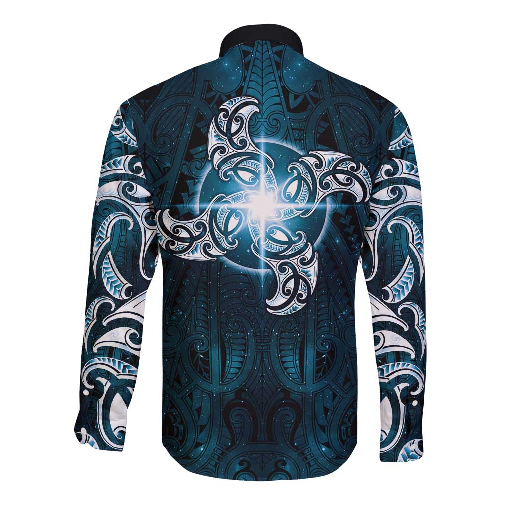 New Zealand Matariki Waita Long Sleeve Button Shirt Maori Moko Dark Blue Galaxy