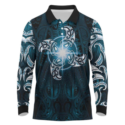New Zealand Matariki Waita Long Sleeve Polo Shirt Maori Moko Dark Blue Galaxy