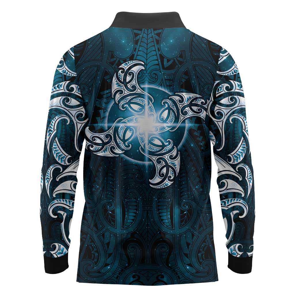 New Zealand Matariki Waita Long Sleeve Polo Shirt Maori Moko Dark Blue Galaxy