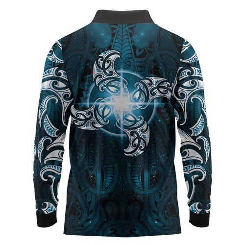 New Zealand Matariki Waita Long Sleeve Polo Shirt Maori Moko Dark Blue Galaxy