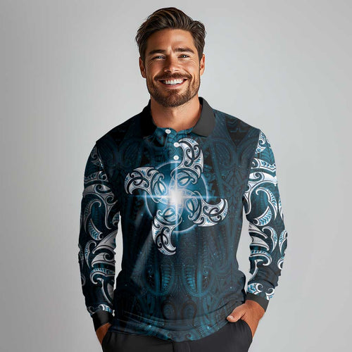 New Zealand Matariki Waita Long Sleeve Polo Shirt Maori Moko Dark Blue Galaxy