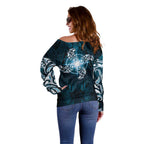 New Zealand Matariki Waita Off Shoulder Sweater Maori Moko Dark Blue Galaxy