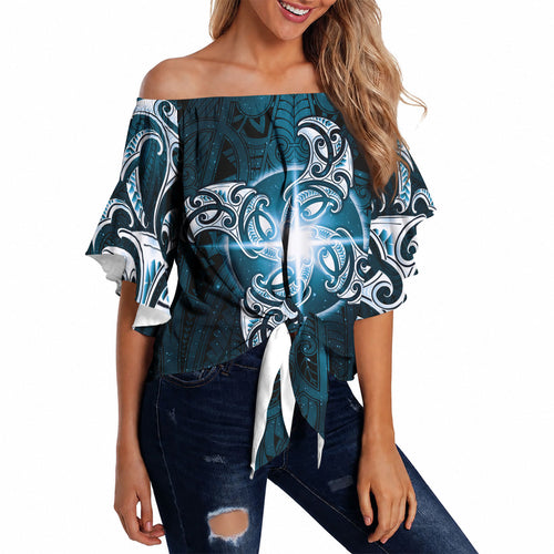 New Zealand Matariki Waita Off Shoulder Wrap Waist Top Maori Moko Dark Blue Galaxy
