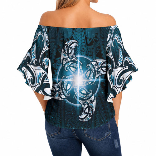 New Zealand Matariki Waita Off Shoulder Wrap Waist Top Maori Moko Dark Blue Galaxy