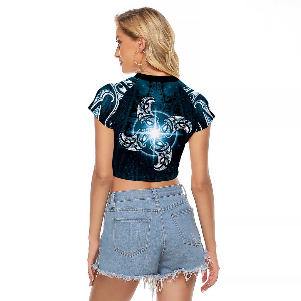 New Zealand Matariki Waita Raglan Cropped T Shirt Maori Moko Dark Blue Galaxy